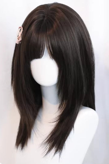 Black Tea Brown Straight Cute Wispy Bangs Daily Sweet Lolita Wig