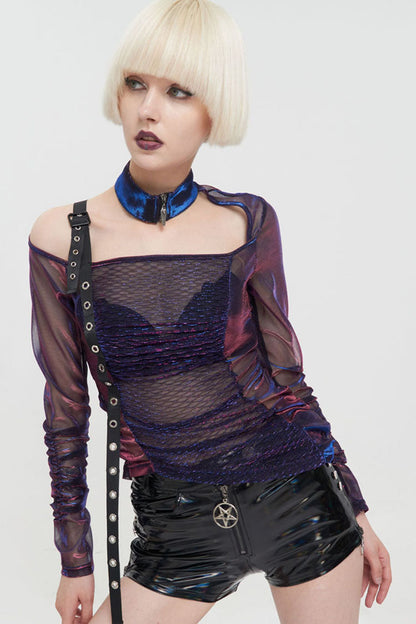 Multi-Color Punk Long Sleeve Mesh Neck Zipper Adjustable Shoulder Straps Asymmetric Women's T-Shirt
