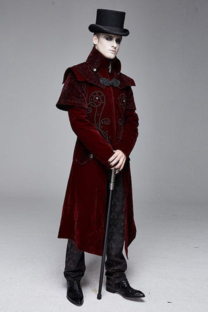 Red Gothic Stand Collar Velveteen Mens Coat