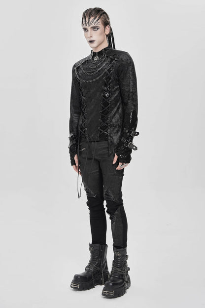 Black Stitching Lace-Up Mesh Chain Men's Punk Blouse