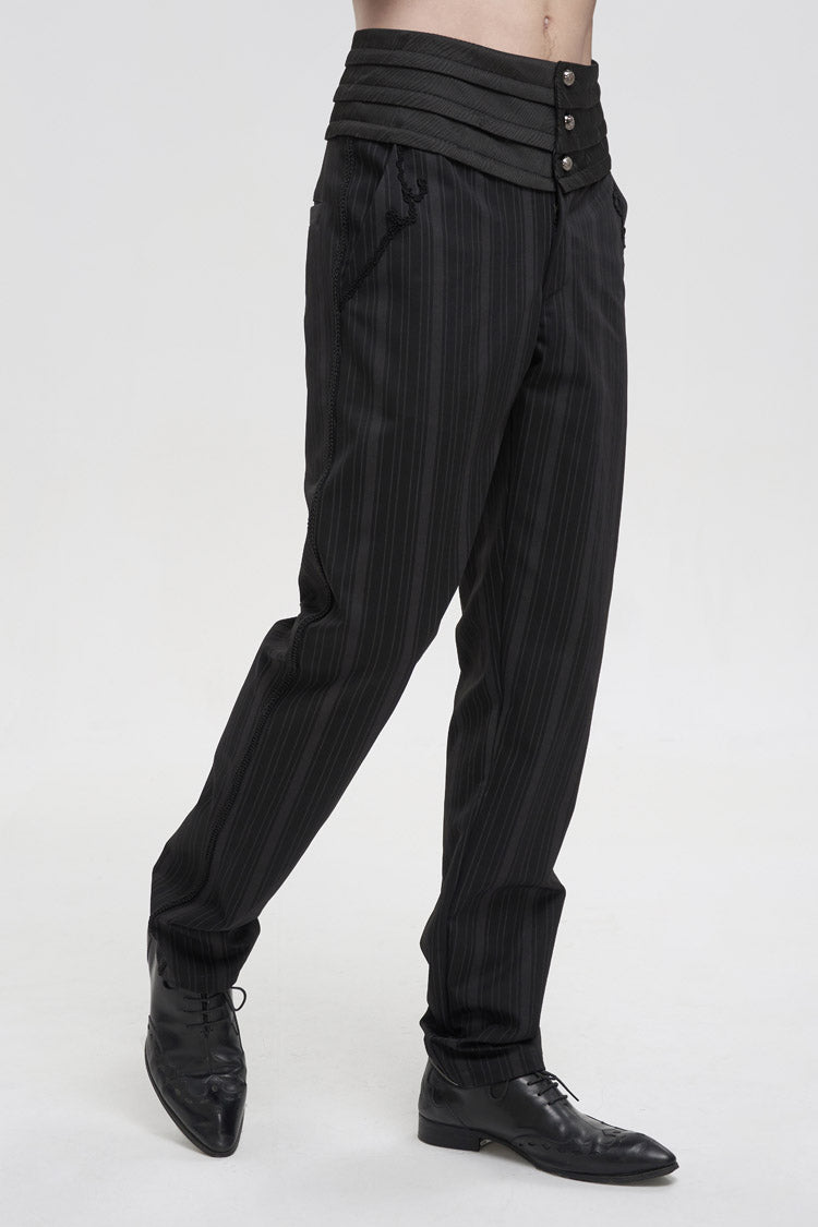 Black Retro Mid High Waist Micro Elastic Striped Woven Stitching Three Dimensional Jacquard Men's Gothic Trousers
