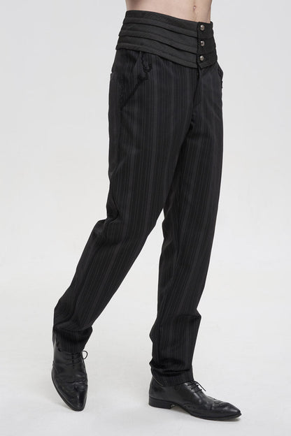 Black Retro Mid High Waist Micro Elastic Striped Woven Stitching Three Dimensional Jacquard Men's Gothic Trousers