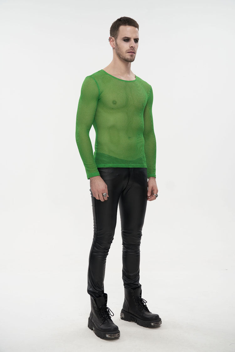 Green Elasticity High Neck Long Sleeve Mesh Men's Gothic T-Shirt