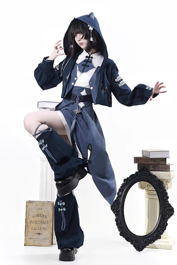 Blue [Indigo Shadow Journey] Stand Collar Long Sleeves Embroidered Hooded Asymmetric Punk Ouji Lolita Dress Four-Piece Set