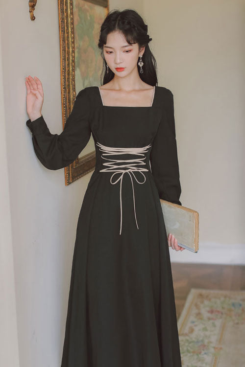 Black Solid European Manor Square Collar Long Sleeves High Waisted Classic Lolita OP Dress