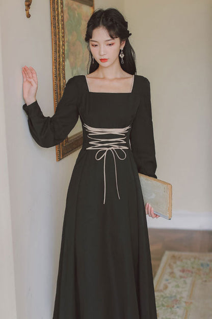 Black Solid European Manor Square Collar Long Sleeves High Waisted Classic Lolita OP Dress