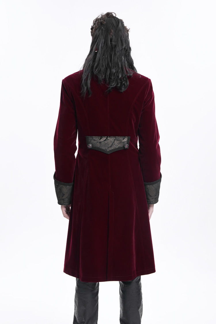 Wine Red Long Sleeves Button Floral Embroidery Men's Gothic Jacket