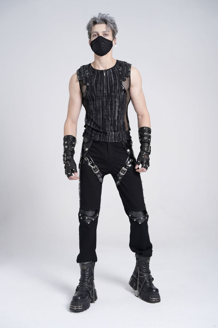 Black Sleeveless Ribbed Print Stitching Mesh Zipper Men's Gothic Vest