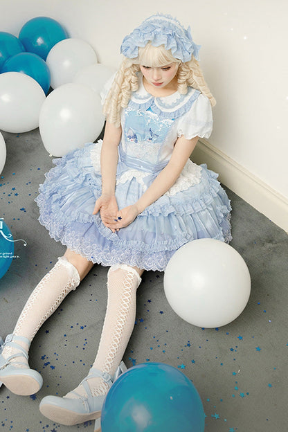 Blue [Whale] Lapel Collar Short Sleeves Triple-Layered Ruffle Embroidery Sweet Lolita Dress
