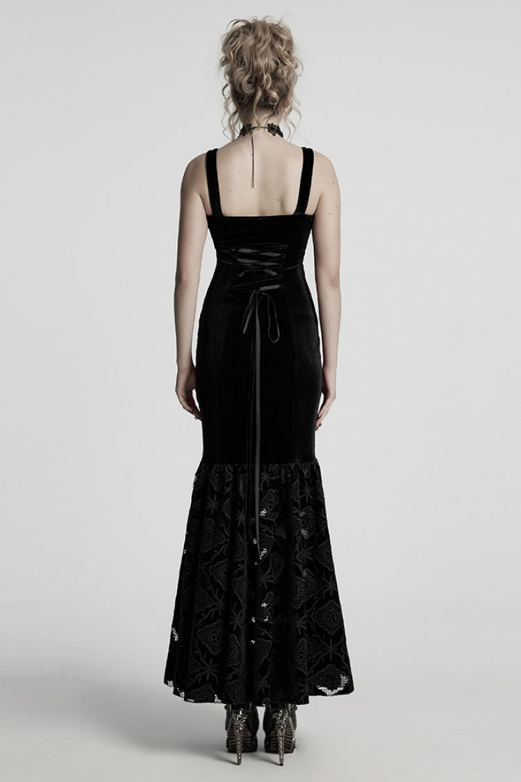 Black Sleeveless Floral Embroidery Women's Gothic Fishtail Slip Dress
