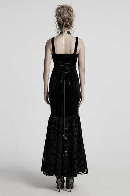 Black Sleeveless Floral Embroidery Women's Gothic Fishtail Slip Dress