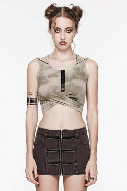 Black/Coffee Sleeveless Cutout Crossed Hooded Women's Punk Tank Top