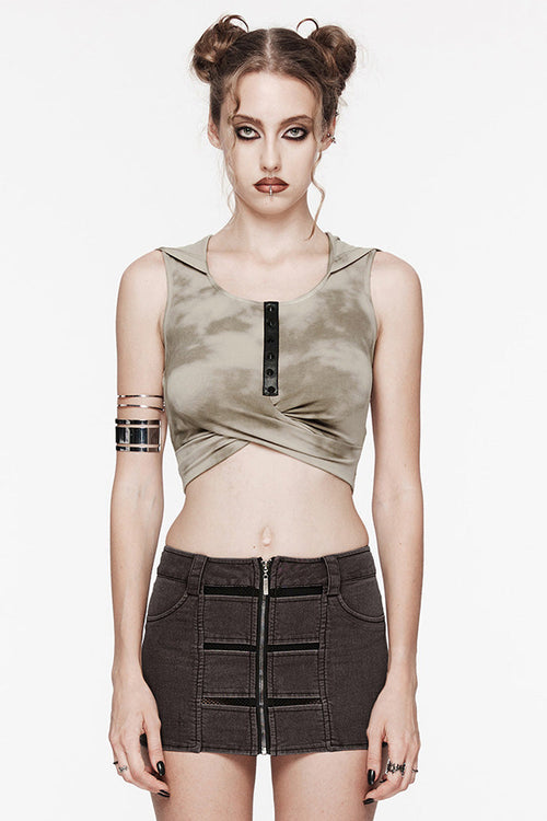 Black/Coffee Sleeveless Cutout Crossed Hooded Women's Punk Tank Top