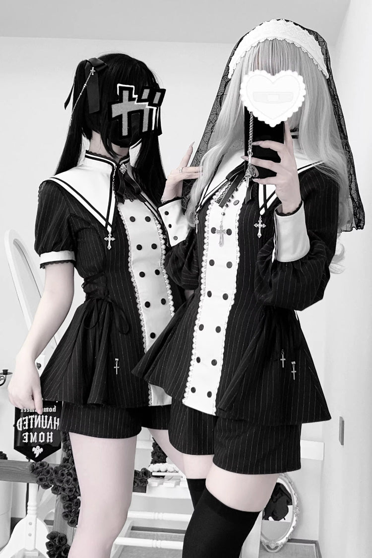 Black/White [Offbeat Confession] Long Short Sleeves Printed Ruffled Bow Gothic Jirai Kei Japanese Dress and Shorts Set