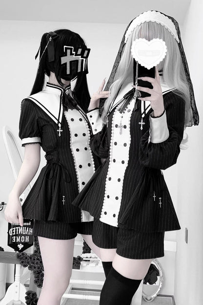 Black/White [Offbeat Confession] Long Short Sleeves Printed Ruffled Bow Gothic Jirai Kei Japanese Dress and Shorts Set