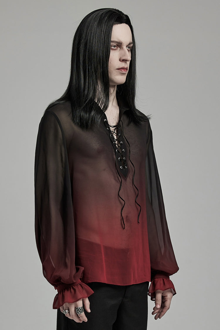 Black/Red Lapel Collar Gradient Sheer Men's Gothic Blouse