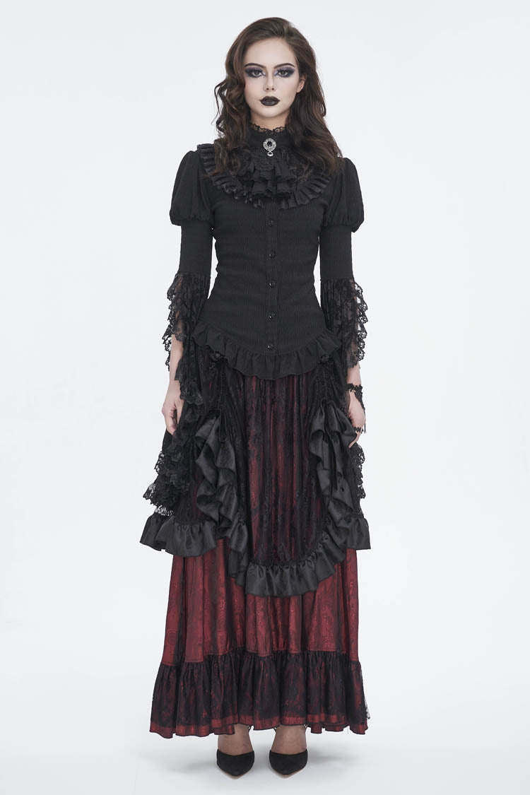 Black Stand Collar Trumpet Sleeves Ruffle Embroidery Lace Women's Gothic Blouse