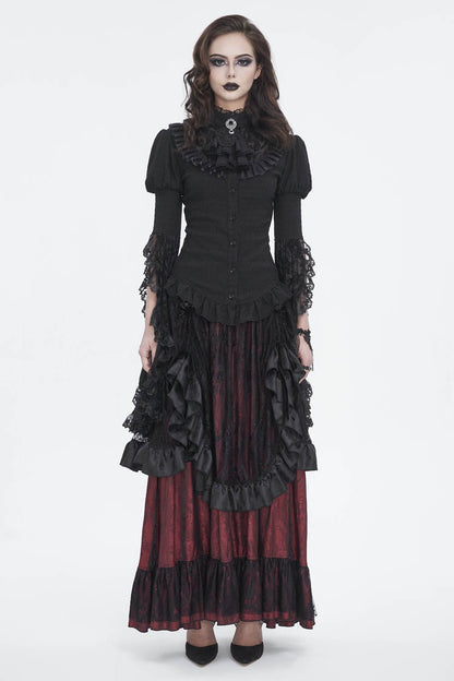 Black Stand Collar Trumpet Sleeves Ruffle Embroidery Lace Women's Gothic Blouse