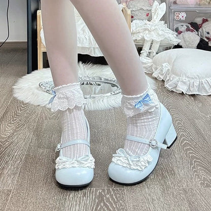 Blue Bow Lace Mid-Heel Round-Toe Sweet Lolita Mary Jane Shoes