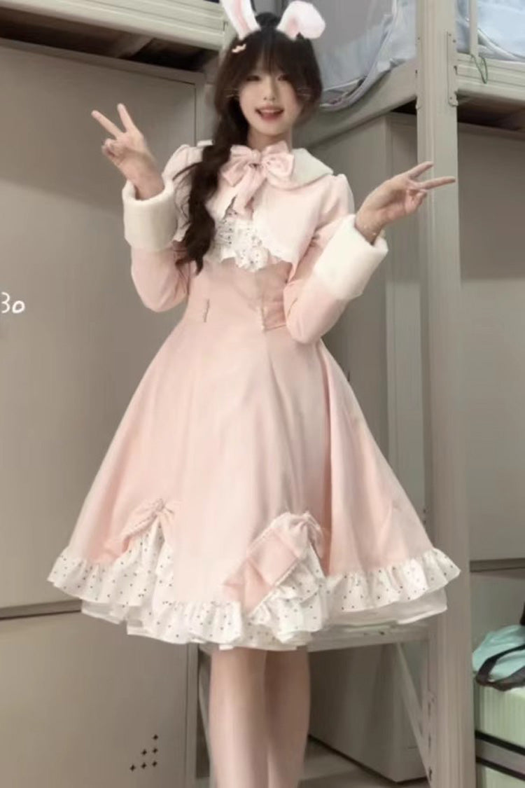 Pink Long Sleeves Ruffle Bowknot Sweet Princess Lolita Dress Coat Two-piece Set
