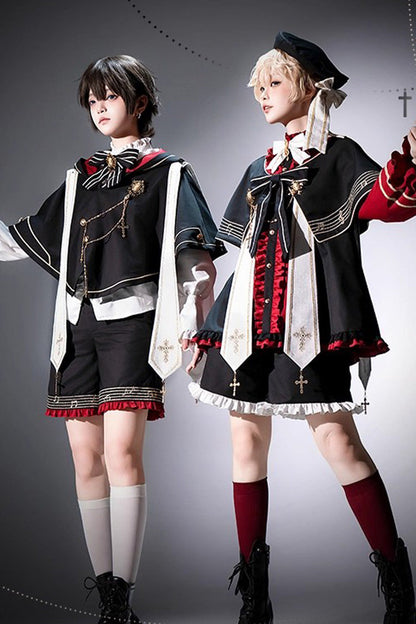 Black/Red [The Choir of The Church] Ouji Fashion Gothic Prince Lolita Set (Younger Brother Version)