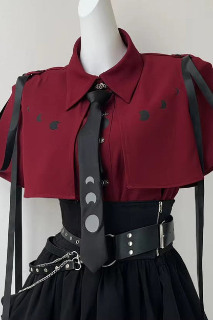 Red/Black [Moonlight Flowing] Long/Short Sleeves Ruffled Asymmetric Gothic Jirai Kei Skirt Set