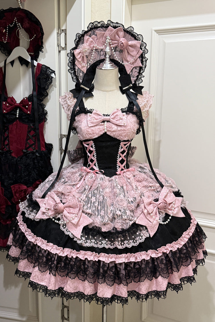 Black/Pink [Rose Princess] Sleeveless Ruffle Bowknot Lace Lace-Up Sweet Ballet Lolita Jsk Dress
