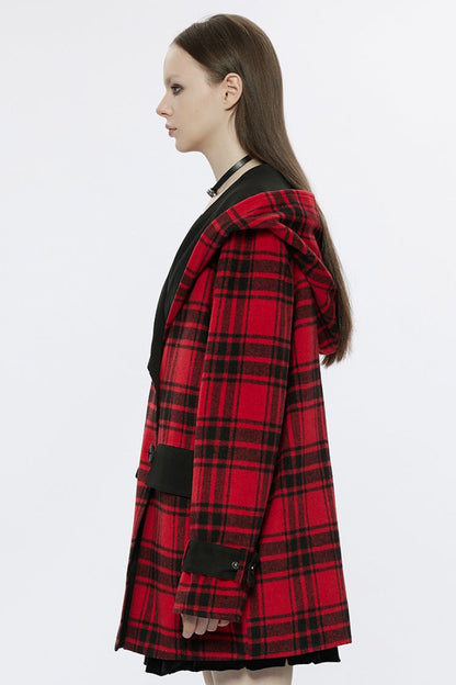 Black/Red Plaid Print Hooded Women's Punk College Style Coat