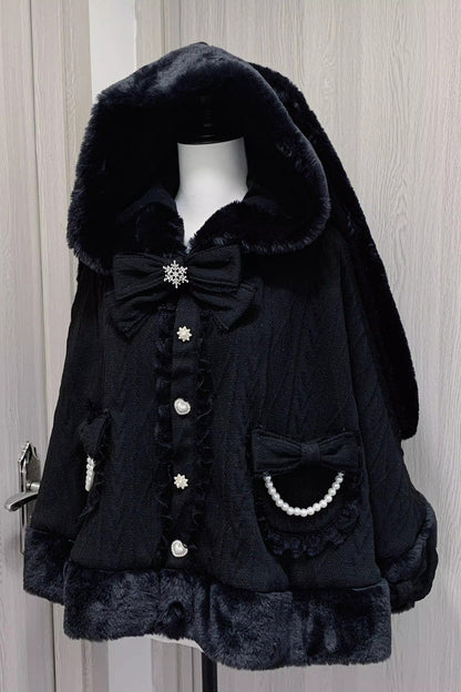 Rabbit Ears Hooded Single Breasted Bowknot Sweet Lolita Cloak Coat 2 Colors