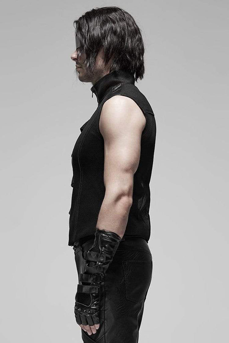 Black Punk Rough No Elasticity Woven Mesh Metal Buckle Belts Decoration Perspective Sleeveless Metal Zipper Men's Vest