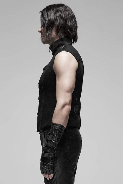 Black Punk Rough No Elasticity Woven Mesh Metal Buckle Belts Decoration Perspective Sleeveless Metal Zipper Men's Vest