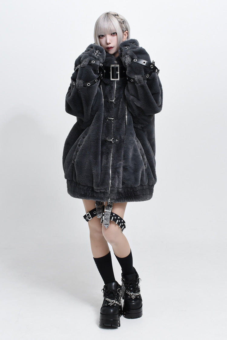Jirai Kei Long Sleeves Hooded Zipper Punk Japanese Coat With Cross Leather Buckles 2 Colors