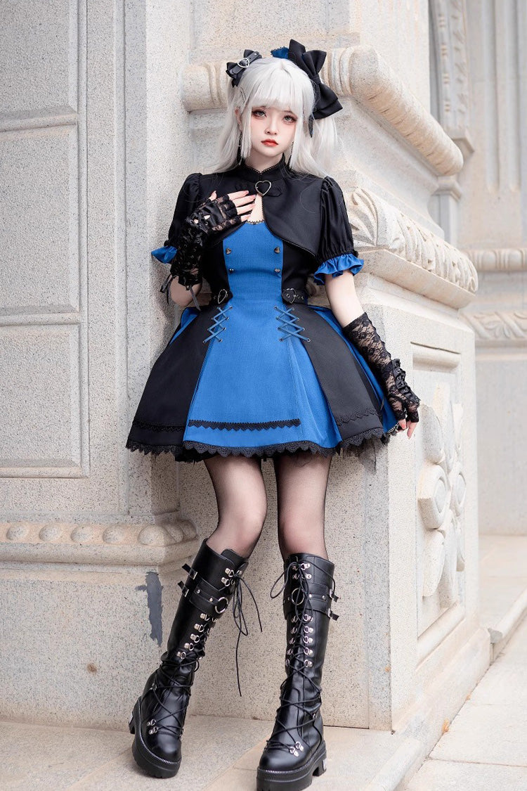 Black/Blue [Night Liana] Ruffle Bowknot Lace-Up Sweet Japanese Lolita Jumper Dress Set