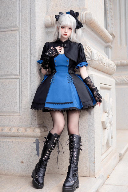 Black/Blue [Night Liana] Ruffle Bowknot Lace-Up Sweet Japanese Lolita Jumper Dress Set