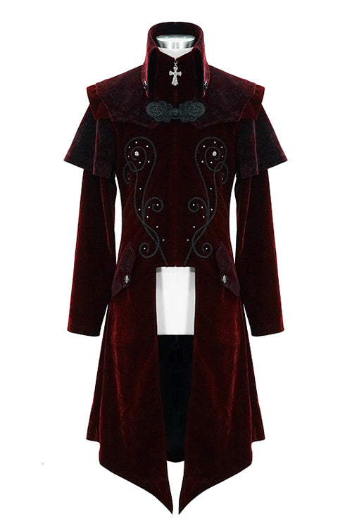 Red Gothic Stand Collar Velveteen Mens Coat