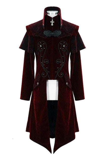 Red Gothic Stand Collar Velveteen Mens Coat