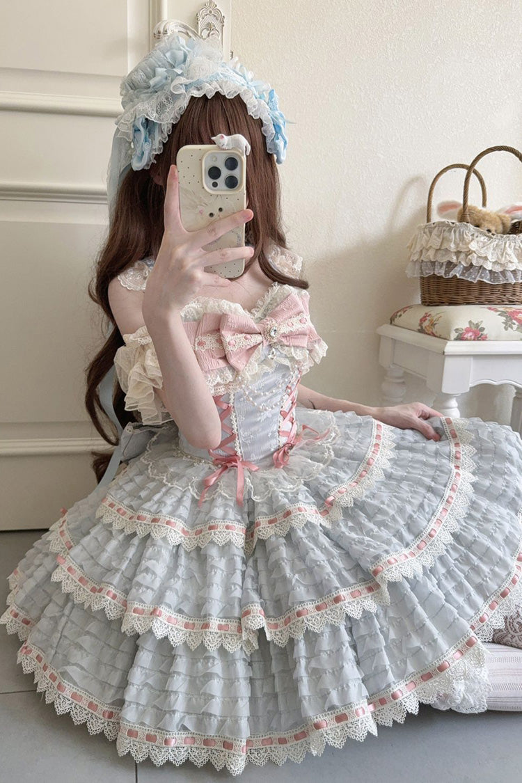 Blue [Song of Floral Letters] Sleeveless Triple-Layered Bowknot Lace-Up Sweet Lolita Jsk Dress