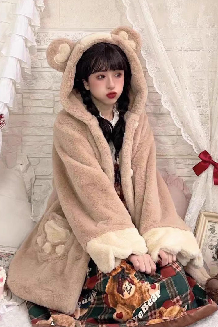 [Sleepy Bear] Long Sleeves Plush Thickened Hooded Sweet Lolita Coat 2 Colors