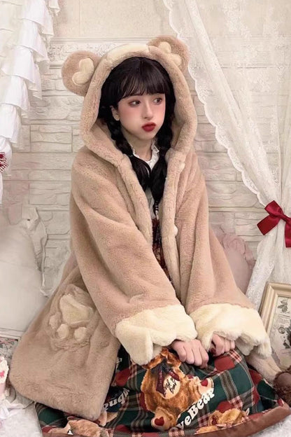 [Sleepy Bear] Long Sleeves Plush Thickened Hooded Sweet Lolita Coat 2 Colors