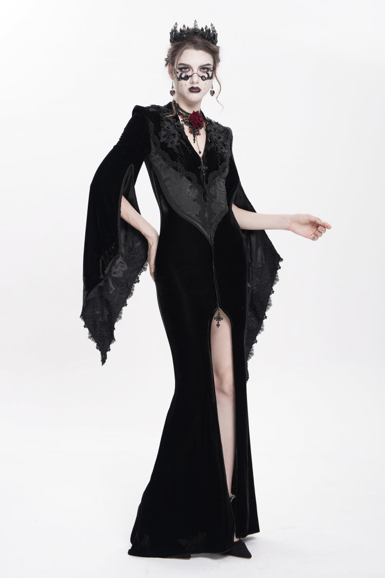 Black V Collar Long Trumpet Sleeves Floral Embroidered Velvet Women's Gothic Dress