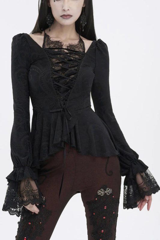 Black Ruffled Lace Splice Women's Gothic Shirt