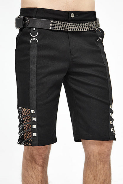 Black Punk Rough Rope Mesh Spliced Mens Fifth Pants