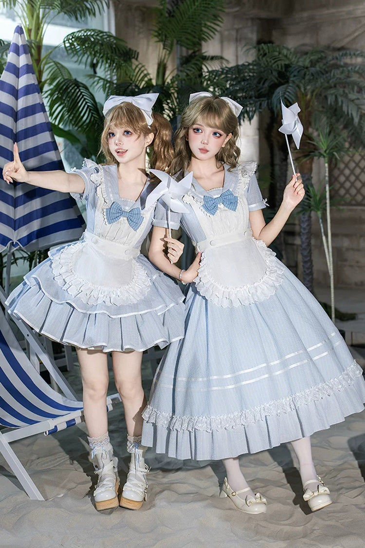 Blue [Seven Day Bell] Navy Collar Short Sleeves Printed Ruffled Bow Sweet Lolita Dress 2 Versions