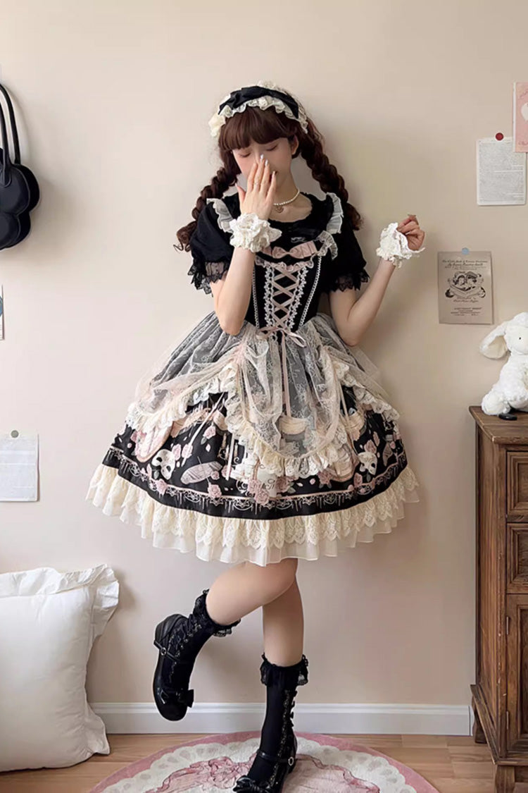 Black Sleeveless Rose Prologue Print Ruffle Bowknot Sweet Elegant Princess Lolita Jsk Dress