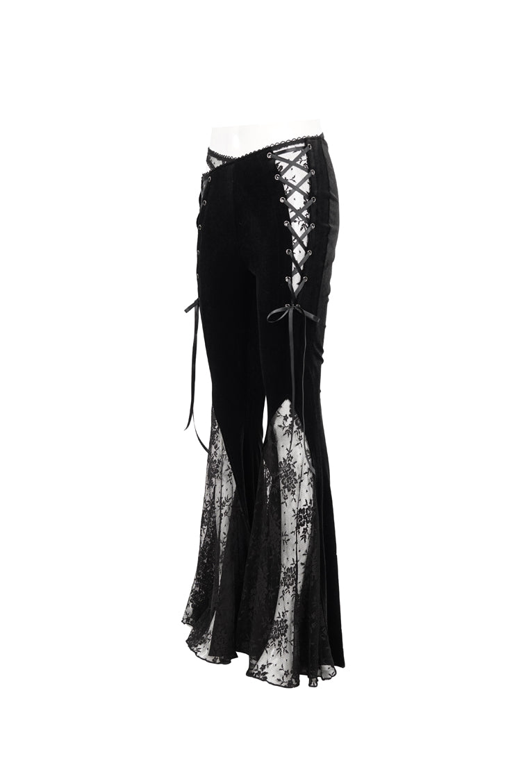 Black Velvet-Paneled Mesh Side-Adjustable Asymmetrical Women's Gothic Leggings