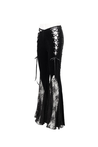 Black Velvet-Paneled Mesh Side-Adjustable Asymmetrical Women's Gothic Leggings