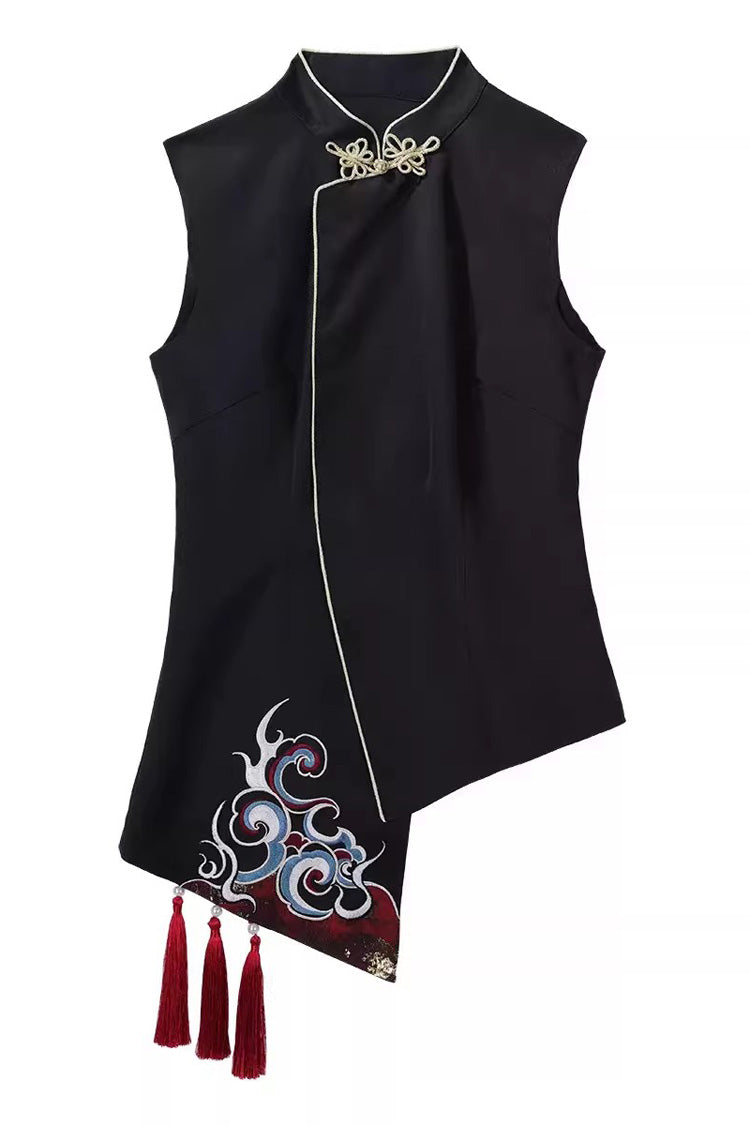 Black/White Stand Collar Single Long Sleeve Printed Embroidered Asymmetric Chinese Style Ouji Set