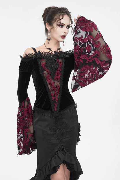 Black/Red Off Shoulder Trumpet Sleeves Embroidery Lace Women's Gothic Blouse
