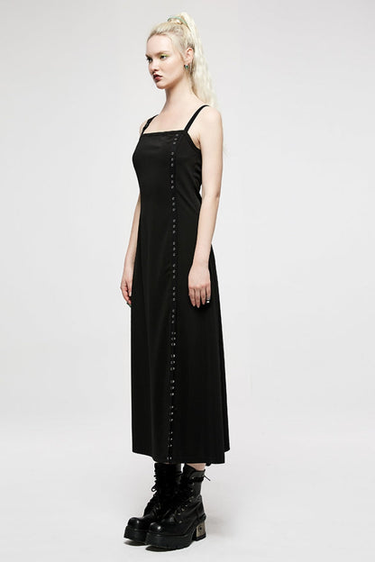 Black Slim Women's Metal Button Side Slit Maxi Slip Punk Dress