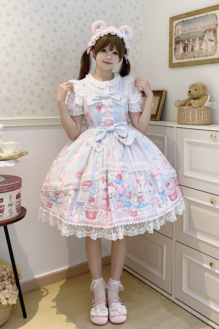 Blue [Cute Rabbit Sweet Cake] Print Ruffle Bowknot Lace Sweet Lolita Jsk Dress